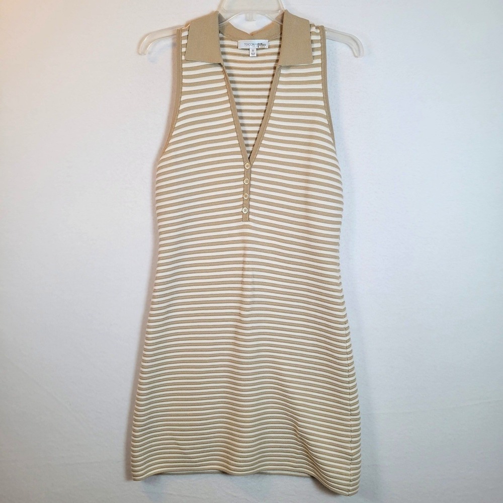 Toccin Womens Tank Striped Ribbed Knit Henley Short Dress Size Medium Tan Tennis - Picture 1 of 9